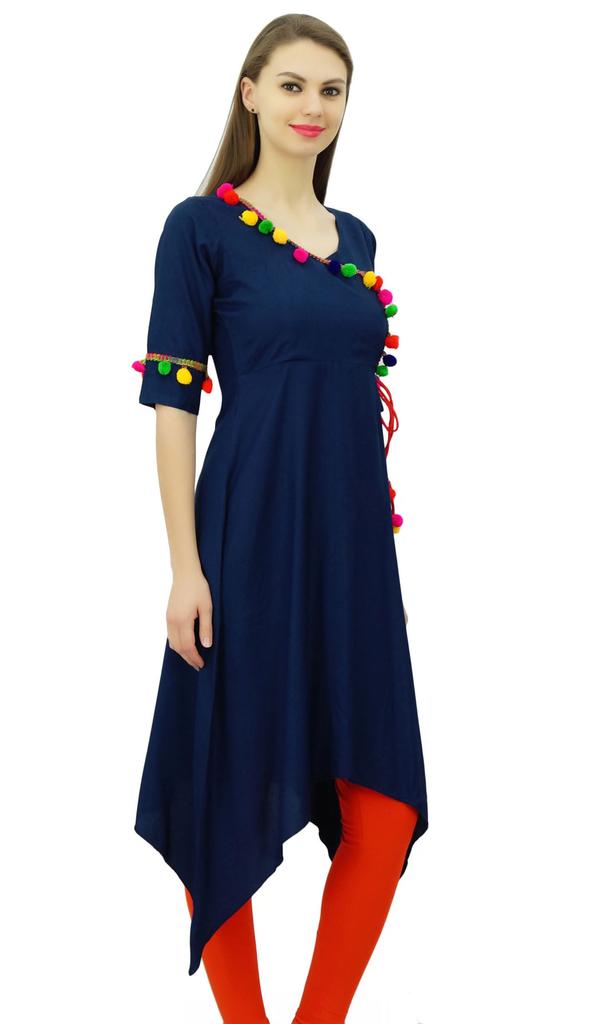 Phagun Angrakha Style Rayon Womens Tunic Kurta Pom-Pom Designer Kurti Top Indian