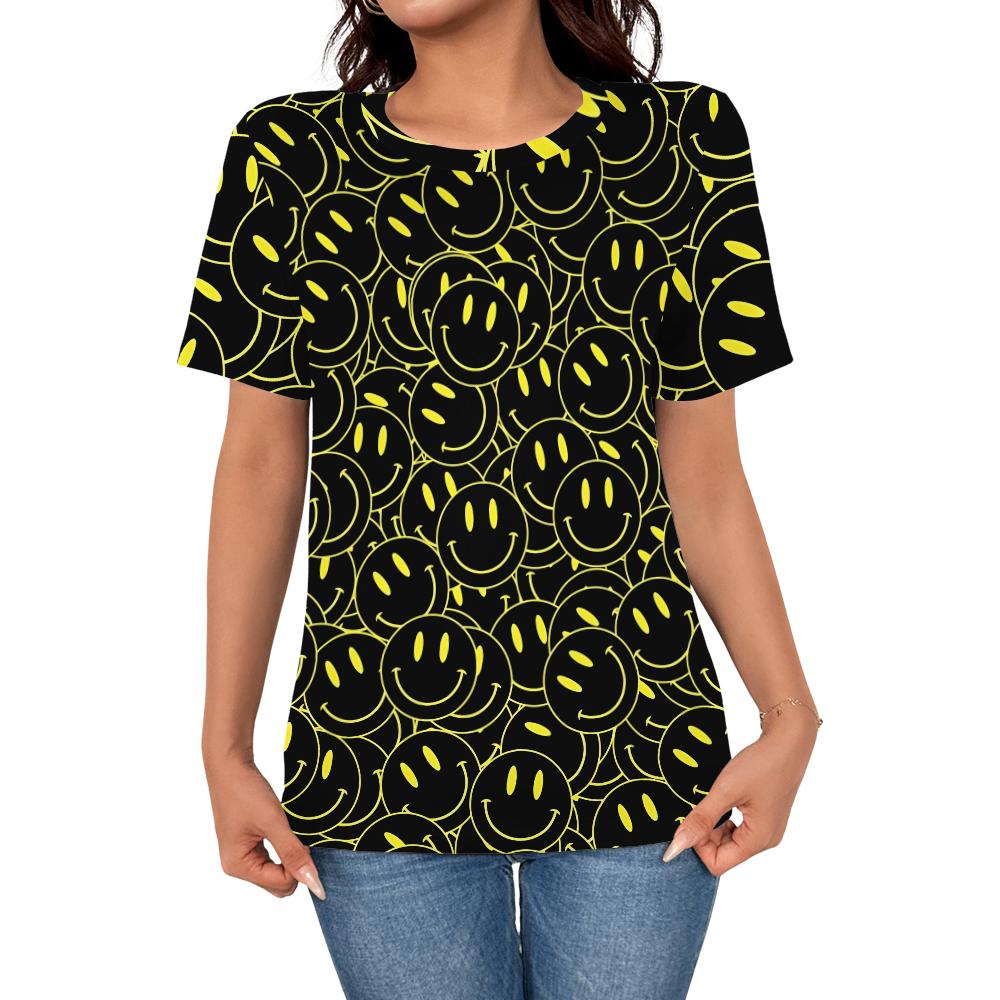 

Women s casual fashion summer hot item cartoon yellow smiling face 3D printed short sleeved T-shirt women s simple T-shirt top S