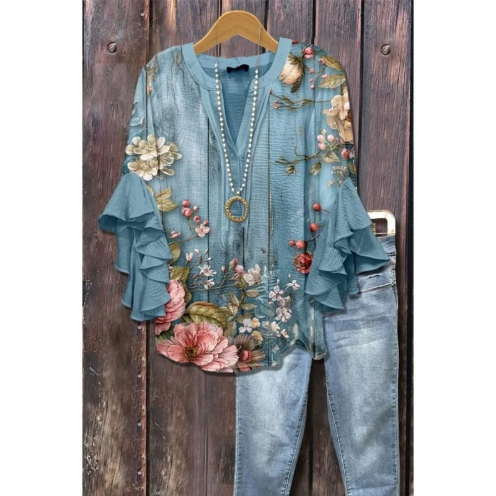 Large Women's Bohemian V-neck Shirt with Ruffle Sleeves, Grey Brown Floral Print Top, Casual Breathable Machine Washable Pullover
