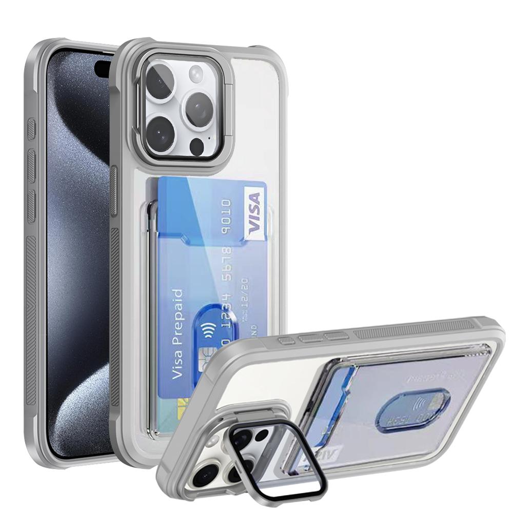 Shockproof Acrylic Hard Cover for IPhone 16 Pro Max 15 14 Plus 13 11 Folding Lens Stand Transparent Slot Card Holder Wallet Case