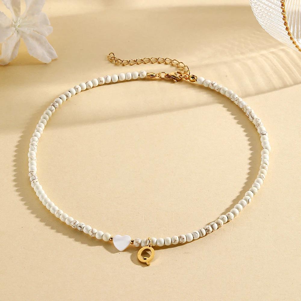 Bohemian Choker neck Initial necklaces heart-shaped shell letter pendant beads Women's stainless steel necklace woman trend2025
