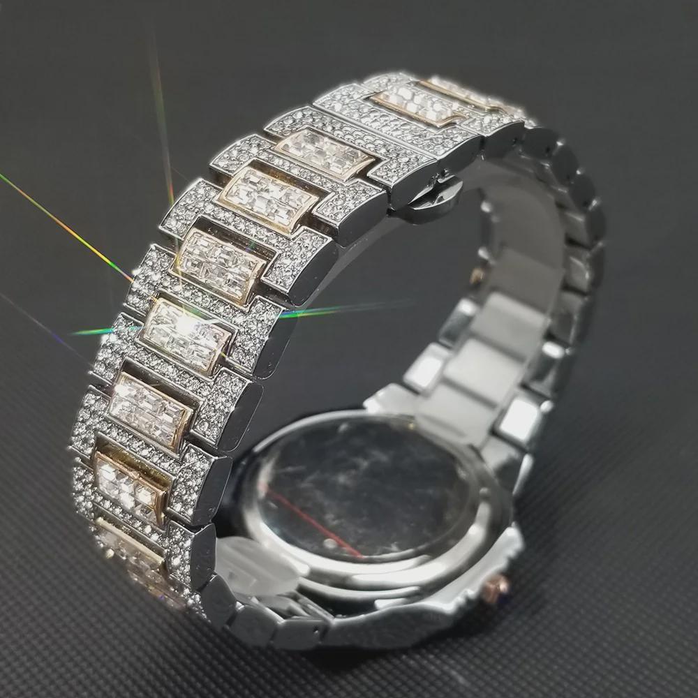 Hip Hop Iced Out Mens Watch Diamond Paved Analog Quartz Watch Waterproof Stainless Steel Luxury Wristwatch