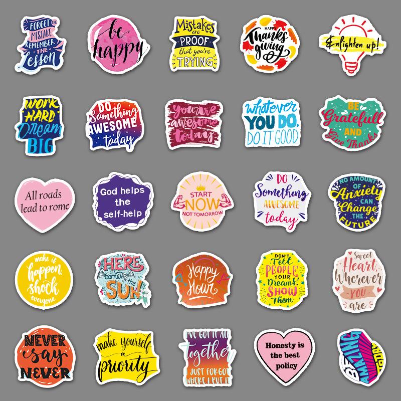 50 Inspirational English Cartoon Creative Doodle Suitcase Pen Scooter Laptop Car Decoration Stickers