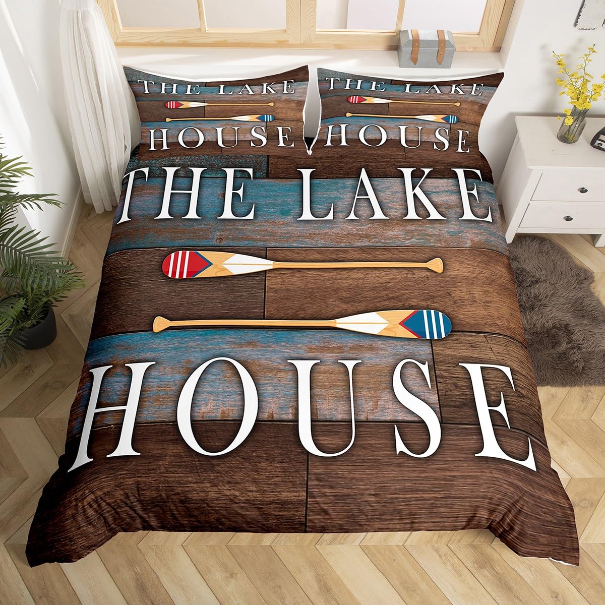 

Lake House Decor Bedding Set Lake Paddle Duvet Cover Queen Vintage Cabin Comforter Cover Rustic Farmhouse Wooden Quilt Cover EU Single(135x200cm)