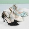 22 Satin High Heels Pointed Bow Stiletto Sandals Summer One-word Buckle Single Shoes Rhinestone Princess