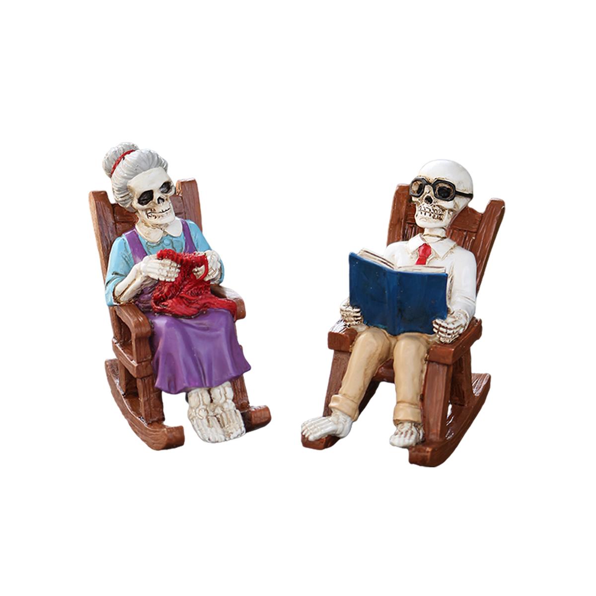 

2pcs Halloween knitting grandma and reading grandpa, country style ornaments, fun rocking chair skeleton couple, home ornaments,