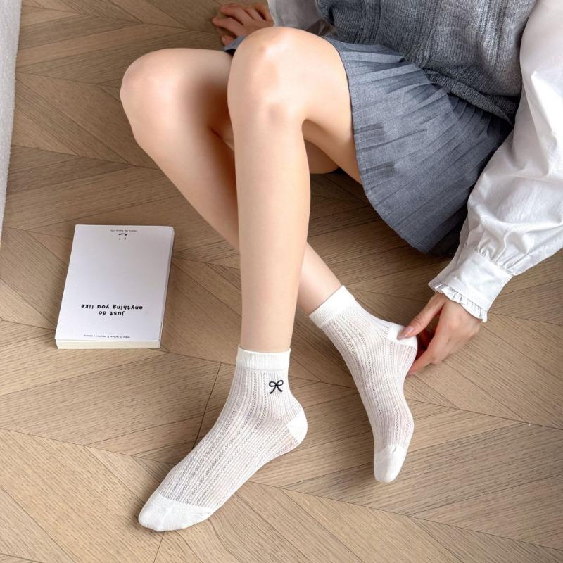 Female Summer Thin Embroidered Bow Mesh Breathable Tube Socks