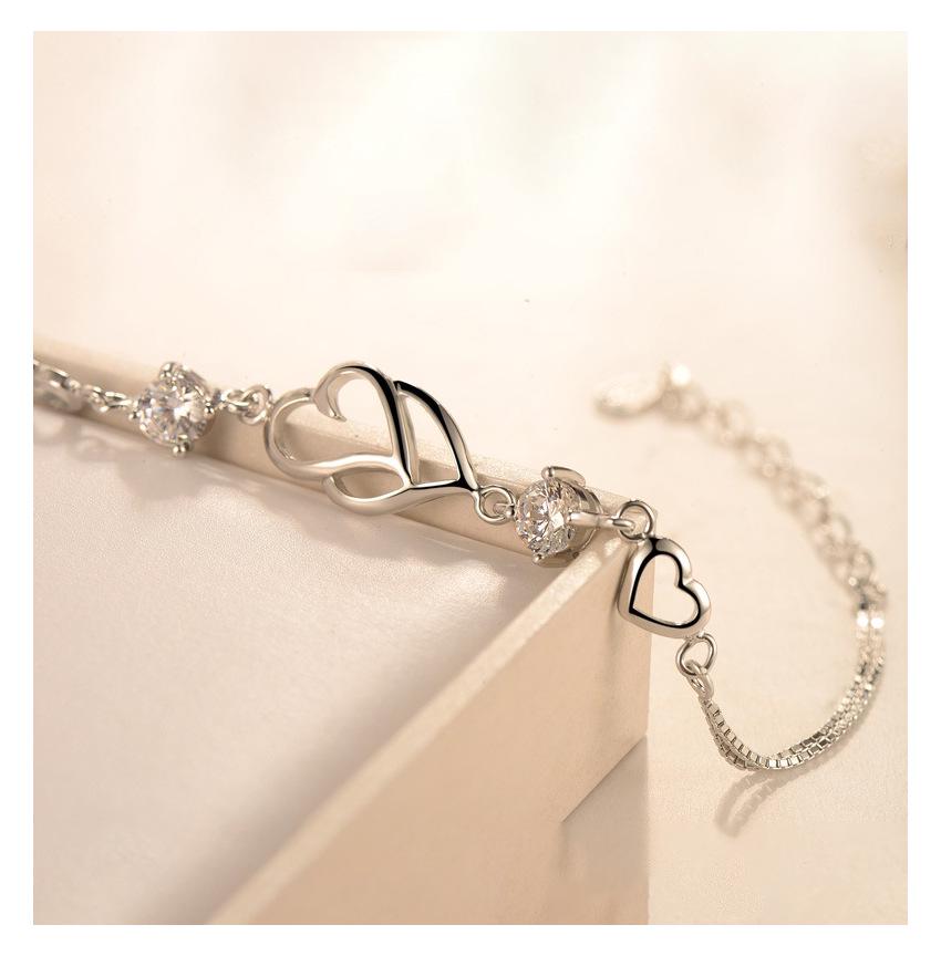 Korean Heart to Heart S925 Sterling Silver Bracelet with Diamond Inlay - Elegant Jewelry Gift for Women