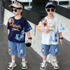Boys' summer Nezha set, children's short-sleeved shorts, baby cartoon summer two-piece set, summer jeans, T-shirt