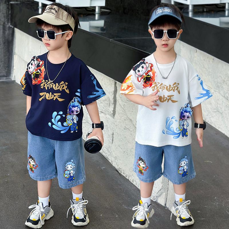 Boys' summer Nezha set, children's short-sleeved shorts, baby cartoon summer two-piece set, summer jeans, T-shirt