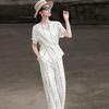 Lanseer Women's Striped Cross-Waist Top & Wide-Leg Pants Set