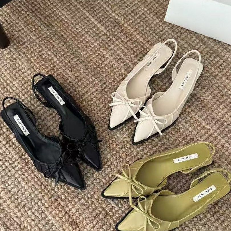 Retro Simple Temperament Pointed Head Bag Head Sandals Women'S Summer Thick Heel Back Strap Low Heel Casual Cool Single Shoes