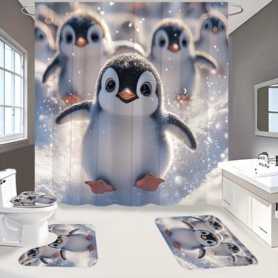4-teiliges Badezimmer-Duschvorhang-Set Pinguinmuster Badezimmervorhang mit 12 Haken Rutschfeste Teppiche WC-Deckelmatte Badezimmerabtrennung