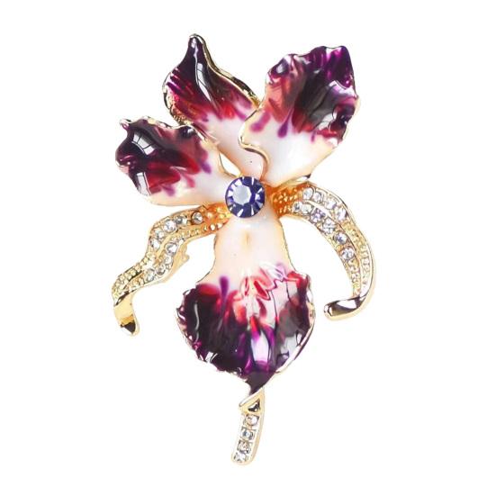 

Brooch Pin Three-Dimensional Iris Flower Design Lightweight Alloy Pin with Cubic Zirconia Golden-Plated Edging