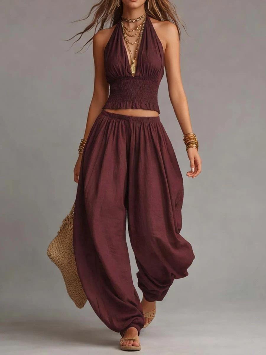 2026 Europe, America, cross-border Amazon s new Bohemian cotton and linen hanging neck pleated short top, two bloomers S бордовый