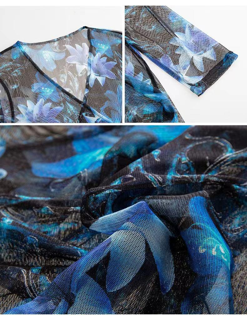 Women's Fashionable 7-Sleeve Mid-Length Shirt, Summer 2025, Elegant Print, Slimming, Sun Protection