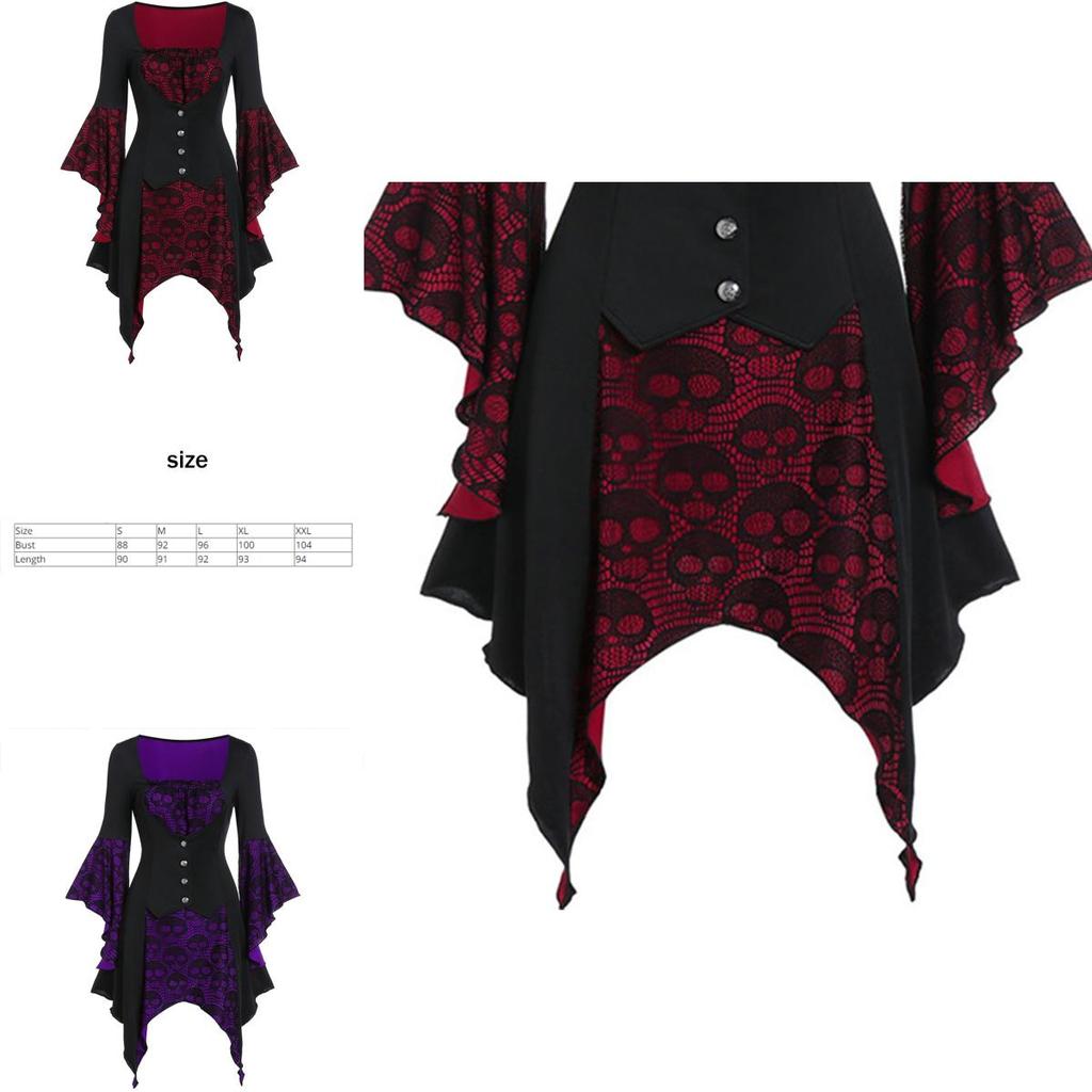 Damen Vintage Schädelkopf Mittelalterlich Gotisch Hexe Cosplay Kostüm Kleid für Halloween Party