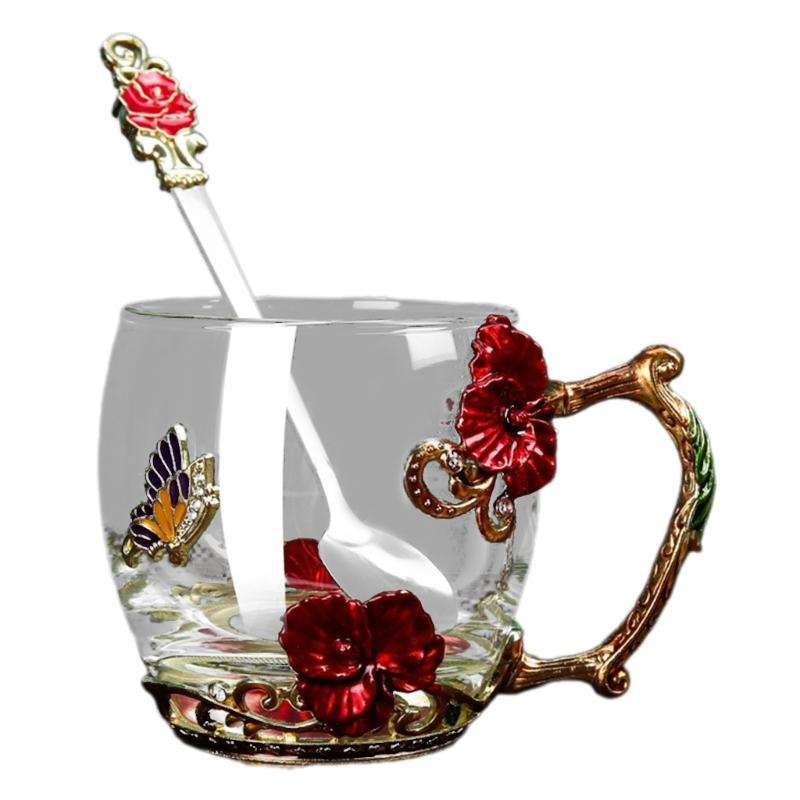 Praktisches Glas-Emaille-Tassen-Geschenkset Schmetterlinge Emaillierte Glastassen Blumen Verzierte Glas-Wasserbecher mit Löffel Dropshipping