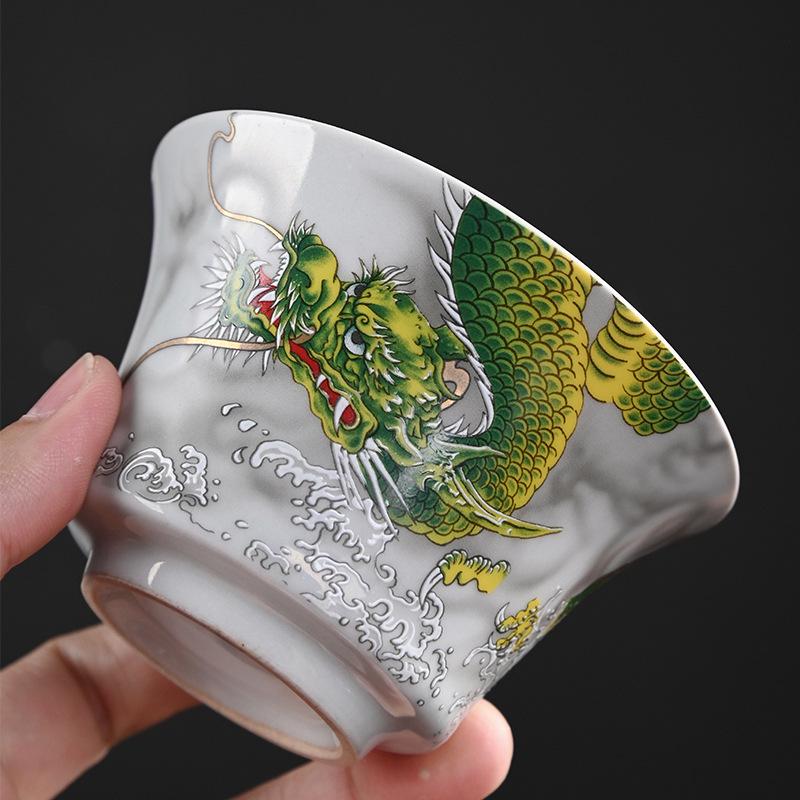Retro Three-Piece Blue Dragon Ceramic Gaiwan Tea Set