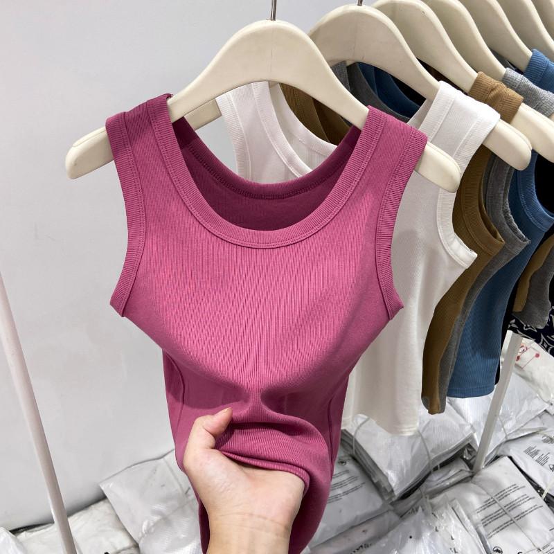 White Cover Double Breasts I-shaped Vest Women's Outer Wear Elastic Thread Inner Top Spring and Summer Basic Sleeveless Suspenders
