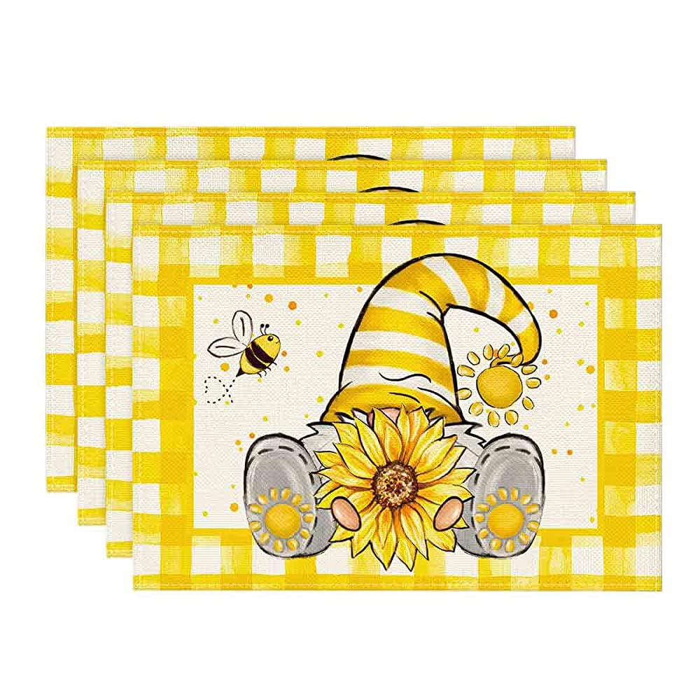 

Buffalo Plaid Gnome Bee Sunflower Summer Placemats Set of 4, 12x18 Inch Seasonal Spring Table Mats for Party Kitchen Dining Decoration 12 x 18 , Placemats Set of 4