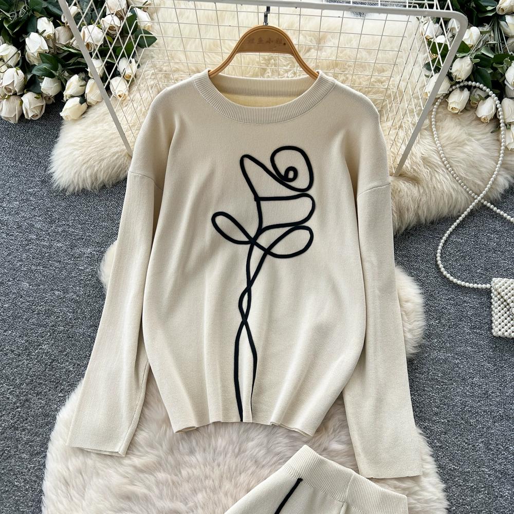 Autumn Winter Women Casual Knitted Sweater Trouser Two Piece Set Full Sleeve Flower Pullover Tops and Wide Leg Pant Tracksuit