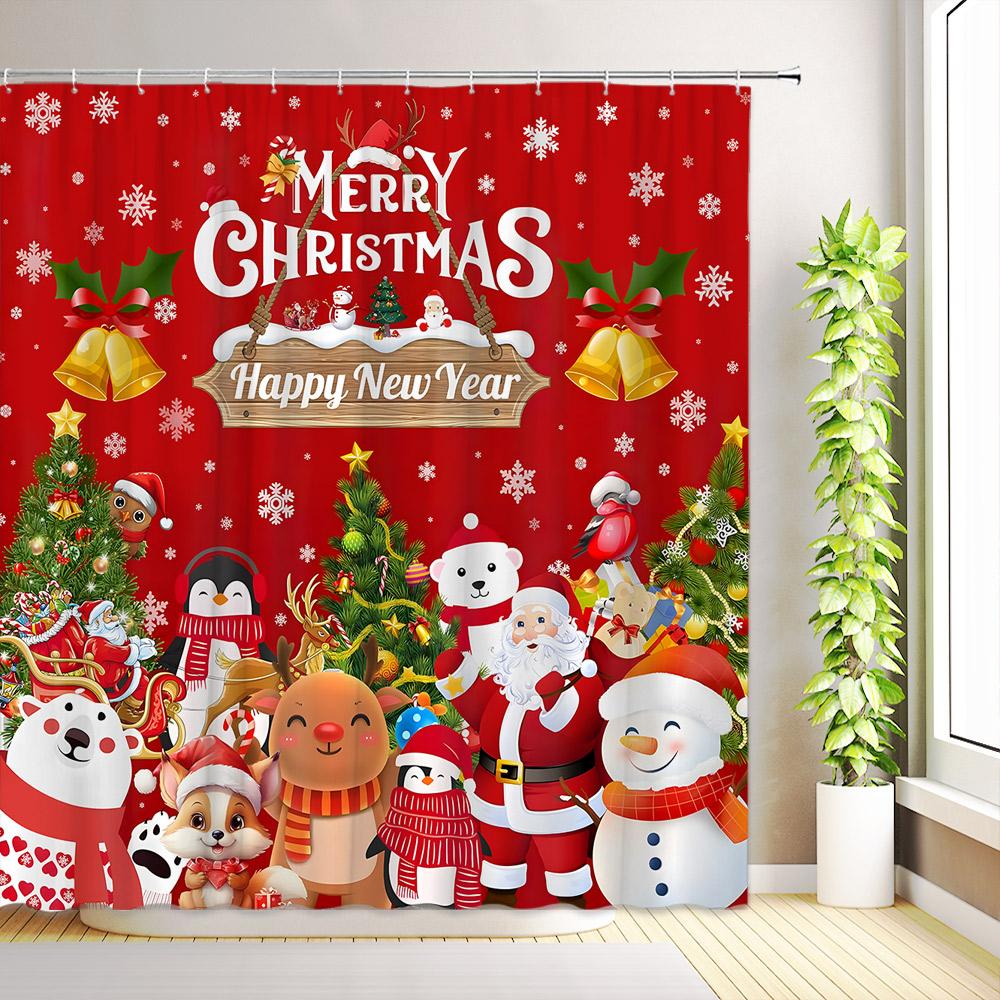 Christmas Cute Snowman Shower Curtains Santa Claus Winter Snowflake Snow Scenery Cedar Reindeer Xmas Bathroom Decor With Hooks