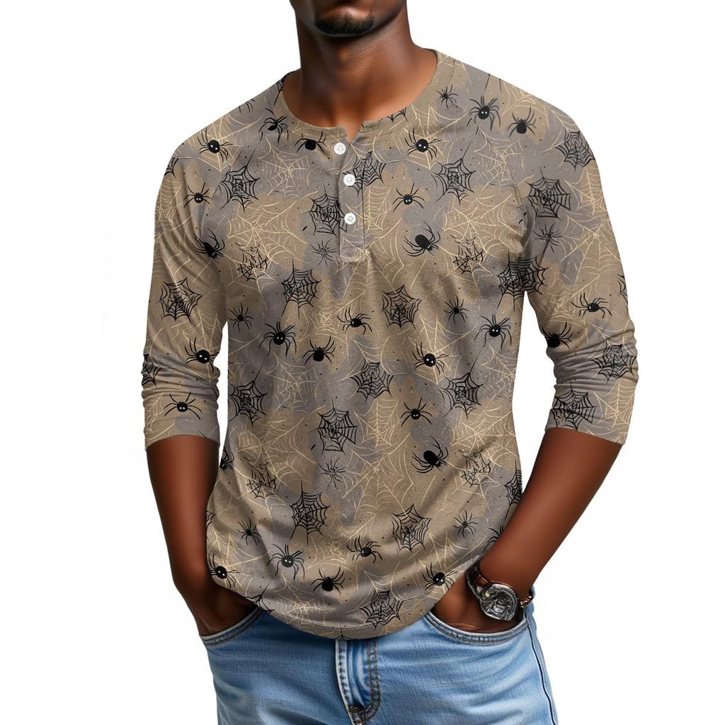 Men Casual Halloween Print Henley Shirt Raglan Three Quarter Sleeve Pullover Top Lightweight Comfortable Fit
