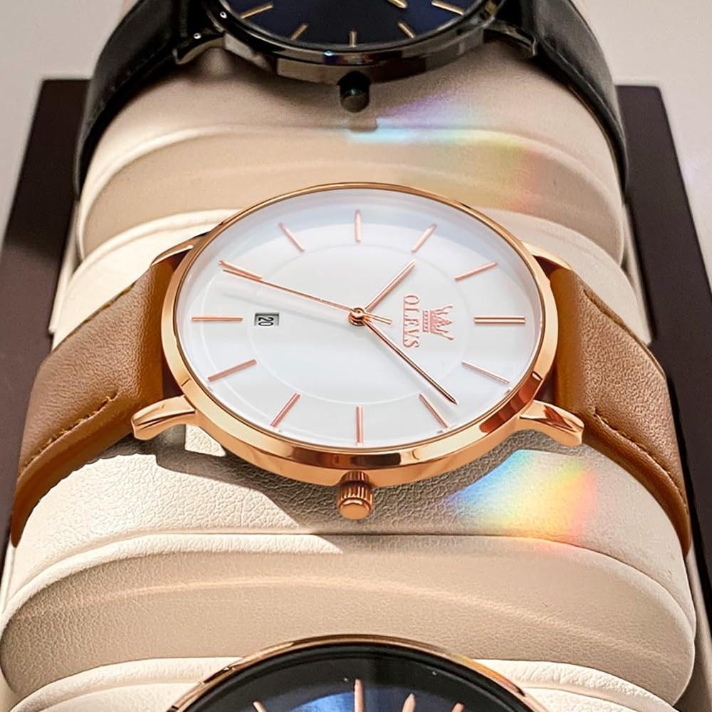 OLEVS Men's Watch 40mm Slim Case Date Display 30m Water Resistance Leather-Look Band Business Casual Multi-Color Lightweight 35g Fashion