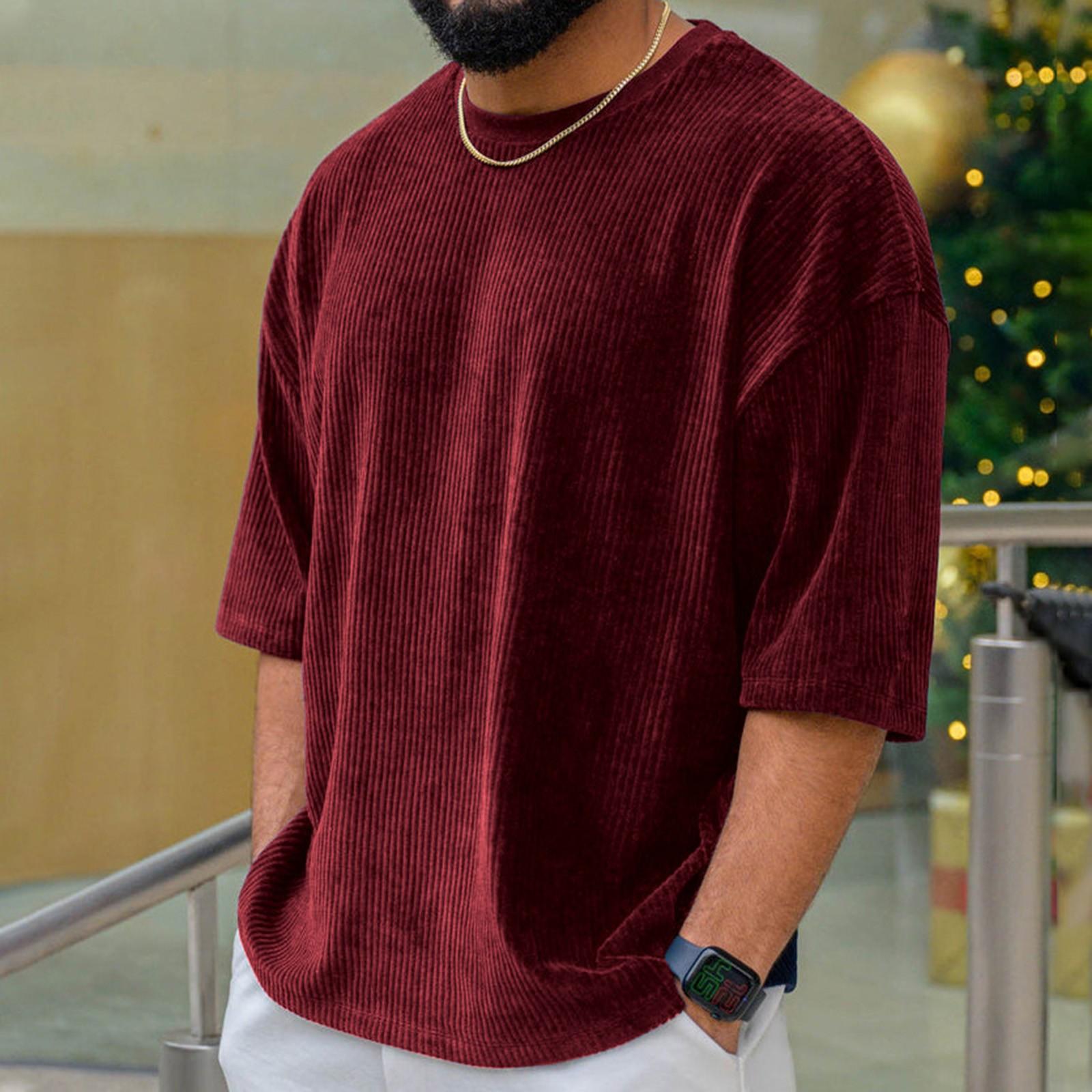 

Men s Summer Solid Color Round Neck Loose Pocket Short Sleeve Top XXXL винний