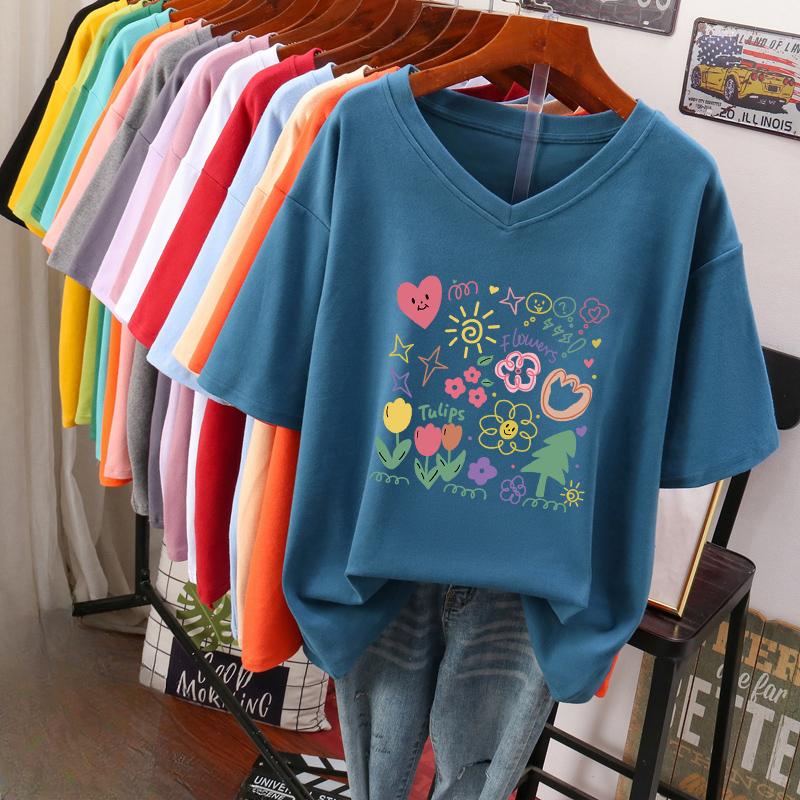Kurzärmeliges T-Shirt, Locker sitzend, Schlankmachendes bedrucktes V-Ausschnitt-Top für Damen