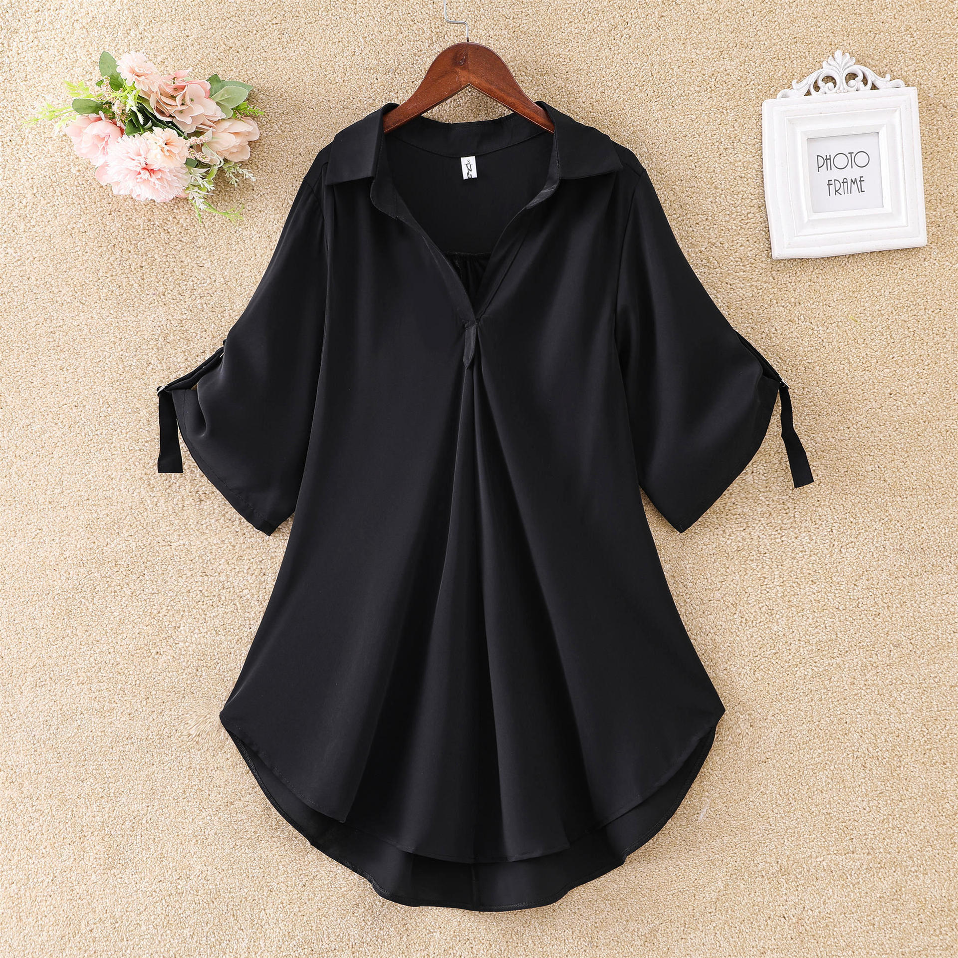 

WoMan s Summer Loose Plus Size Mid-length Short-sleeved Chiffon Shirt Waist Slimming Chiffon Shirt WoMan XS чорний