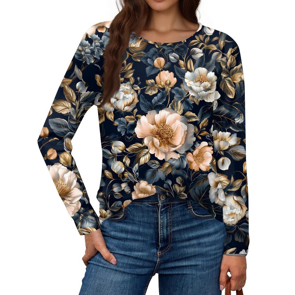Women's Fashion Casual Long Sleeve  Print Round Neck Top