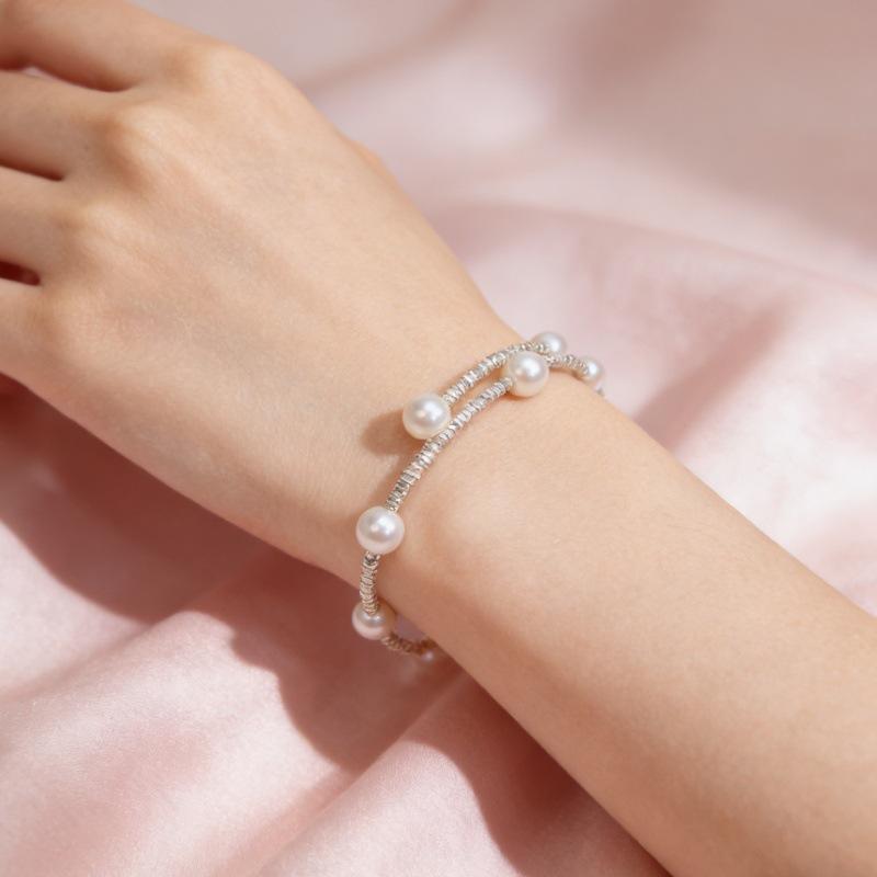 S925 Sterling Silver Adjustable Pearl Bracelet with Crushed Silver Design 925 Silver