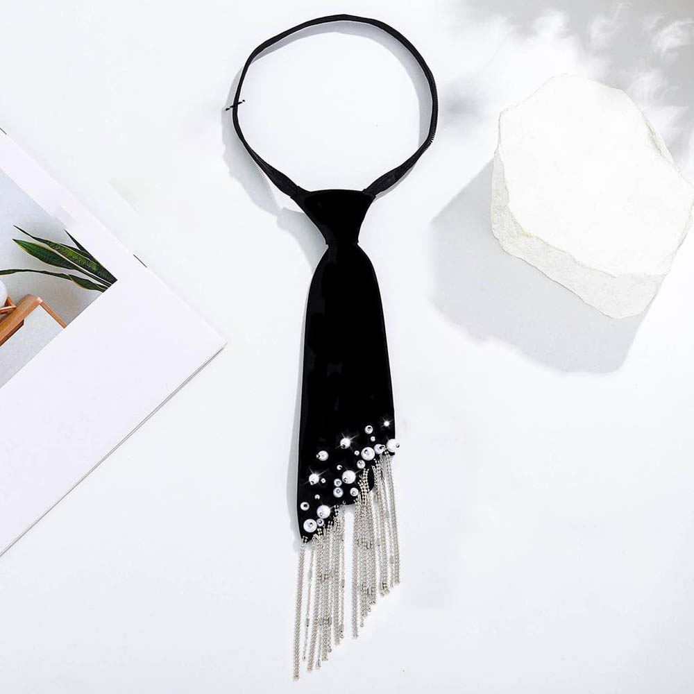 Black Hand-beaded Long Necktie Tassels Decoration Shirt Tie Clothing Decoration Pearls Tie  Women