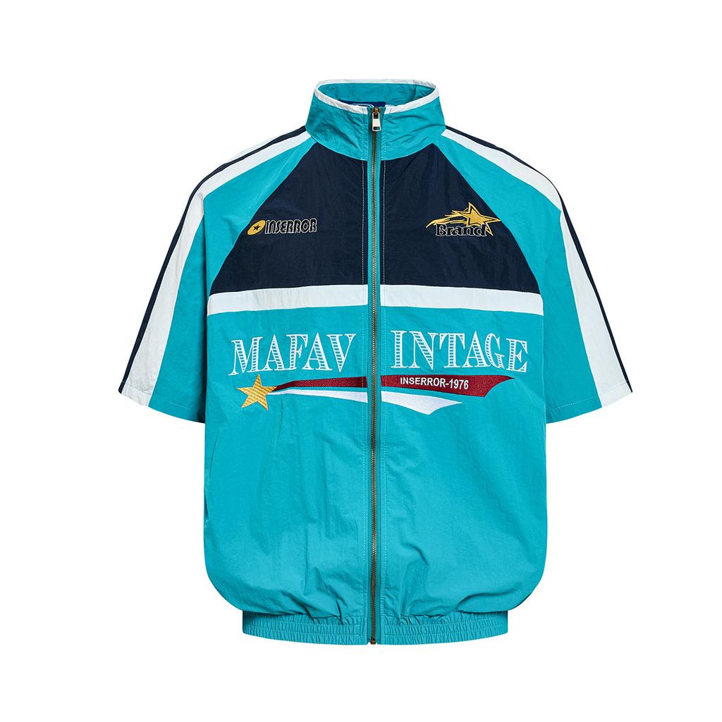 American Retro Trendy Brand Campus Style Baseball Jacket Short Sleeve Heavy Industry Embroidery Color Matching Deconstruction  Flight Jacket