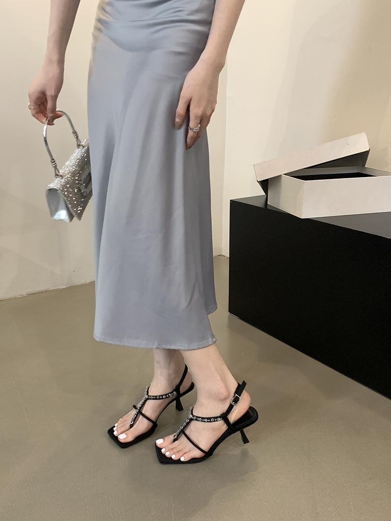 Fashion Rhinestone Chain Women Sandals Summer Outside Dress Shoes Thin High Heels Party Pumps Ankle Strap Sandals Slides Size 35-39