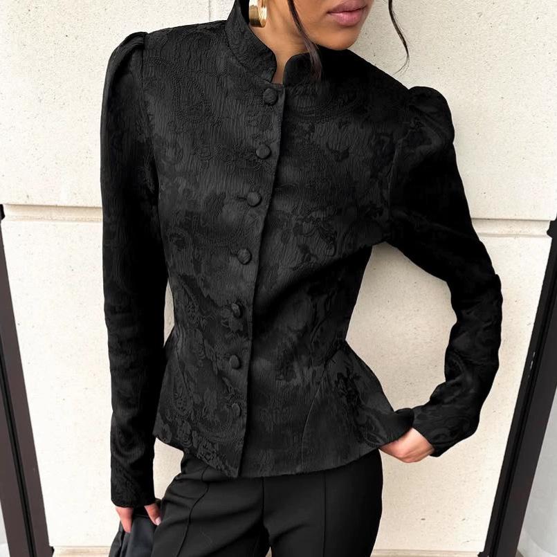 Women New Chinese Style Stand Collar Long Sleeve Waisted Puff Sleeve A Line Outerwear Coat