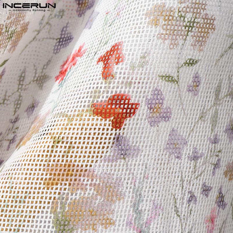 INCERUN Mens Oversized Long Sleeve Button Down Hollow Out Floral Print Casual Loose Shirts