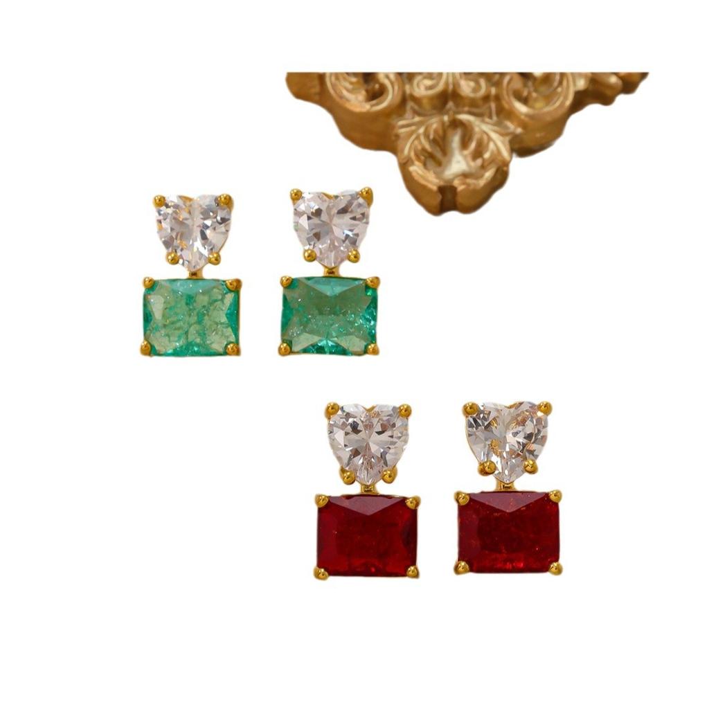 Leichter Luxus Liebe Diamant Rot und Grün Edelstein Ohrringe, Warme Winter Retro Temperament Ohrringe, Modische und Beliebte Diamantbesetzte Ohrringe.