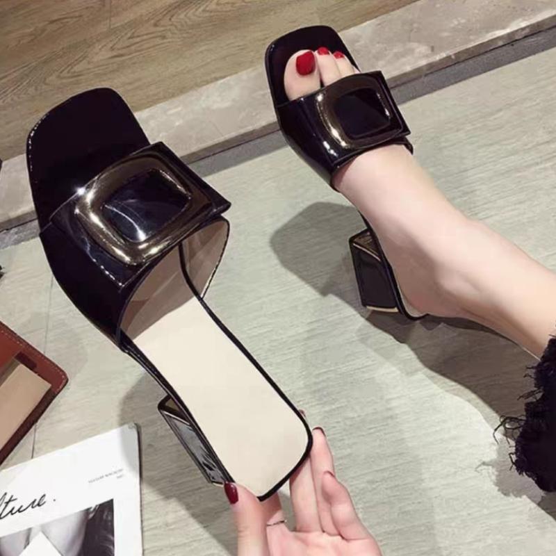 High-heeled Women's Slippers Summer of New Thick-heeled Square Buckle Plus Size Sandals Wear High-value Women's Shoes
