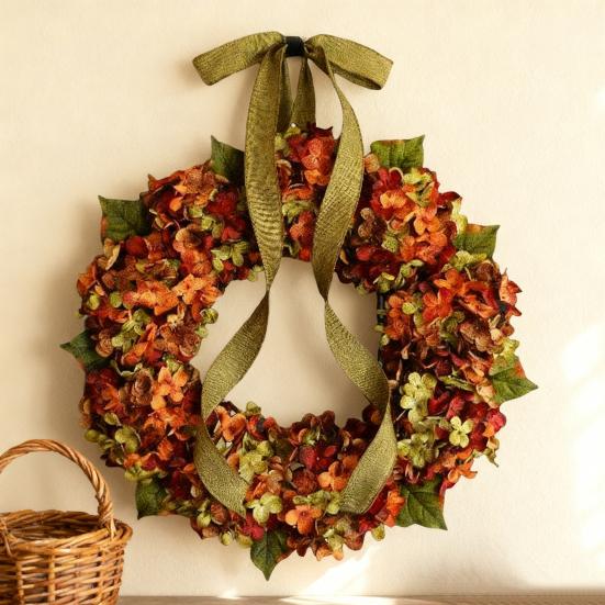 Artificial Fall Wreath for Front Door Rustic Hydrangea Floral Wreath with Bow