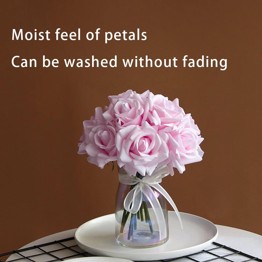 Artificial Roses Single Stem 5pcs Fake Silk Flower Arrangement Bouquet Real Touch for Home Party Wedding Decoration(Light Pink)