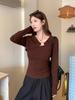2025 French Style Coffee Slimming Long Sleeve Base Layer Top for Autumn/Winter