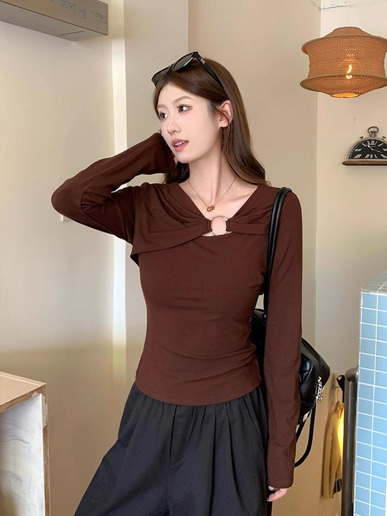 2025 French Style Coffee Slimming Long Sleeve Base Layer Top for Autumn/Winter