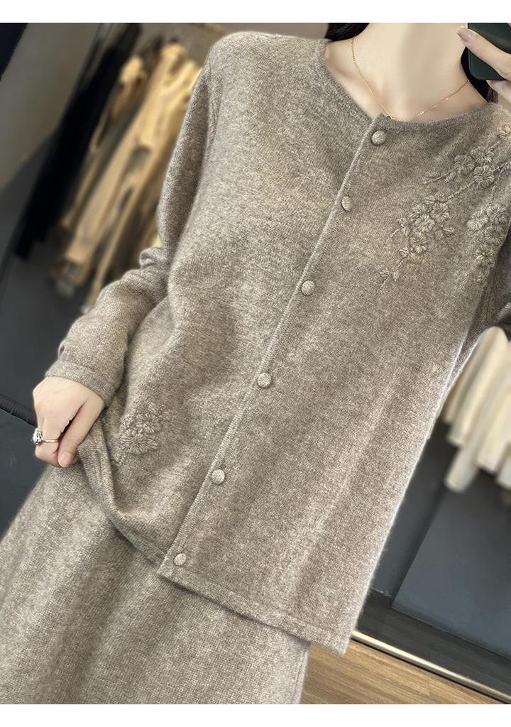 2023 Women's Elegant Australian Wool Crochet Cardigan - Autumn/Winter, Round Neck, Long Sleeve, Plain Color