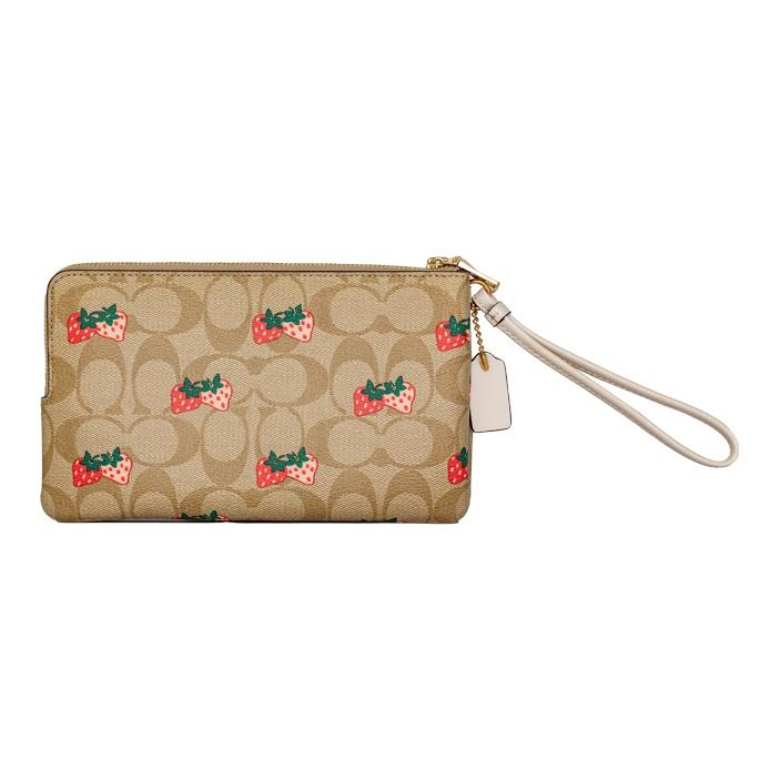 Coach Double Zip Wallet 20 Strawberry Print Coated Canvas And Smooth Leather Clutch Women wallet Light-Khaki 91835-IME7V