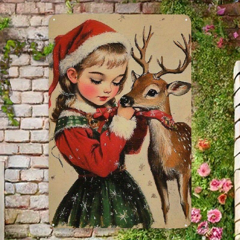 Weihnachts-Blechschild 2D Flache Wanddeko Metallplatte Hängendes Ornament Mädchen