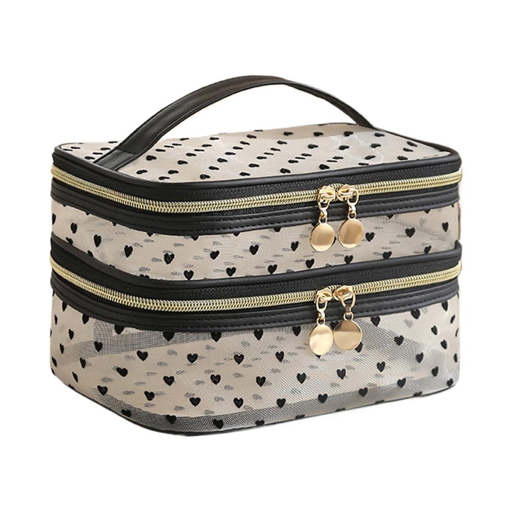 Double-Layers Black Mesh Cosmetic Bag Travel Portable Large-Capacity Makeup Case Organizer Storage Pouch Zipper Toiletry Bags