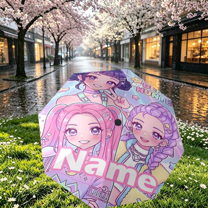 Custom Name Personalized KPop Demon Hunters Print Umbrella, Auto Open Close, 8‑Rib Sturdy Frame, Commute Camping Hiking Use, Birthday Gift